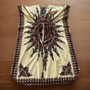 VTG Dashiki African Print Adjustable Waist Gold Maroon Kaftan Kimono Dress O/S